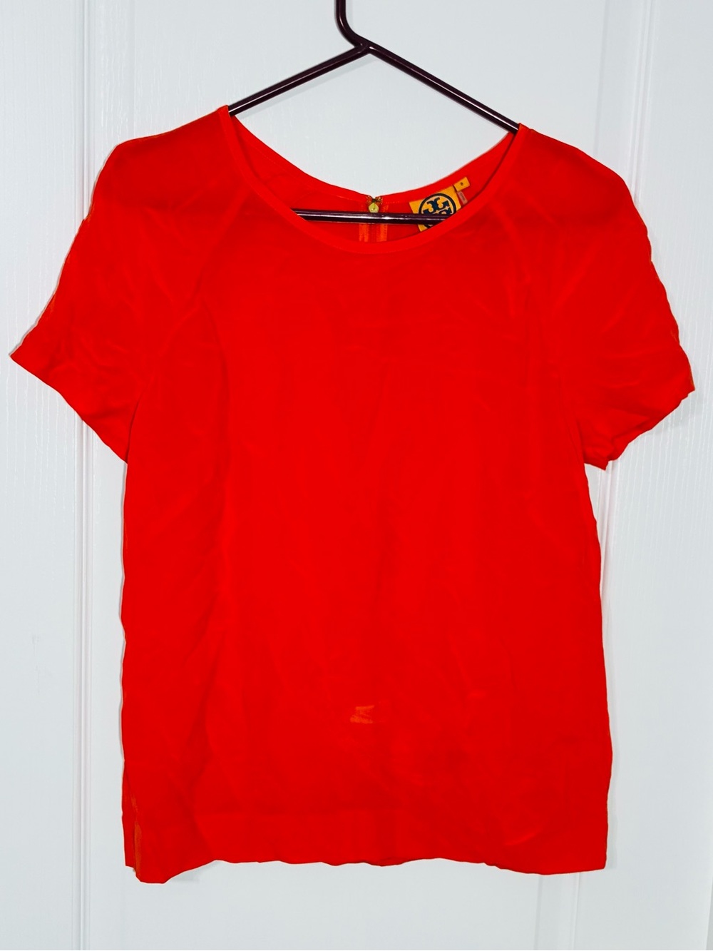 Tory Burch SILK Back Zip Short Sleeve Top Blouse Tomato Red Size 8